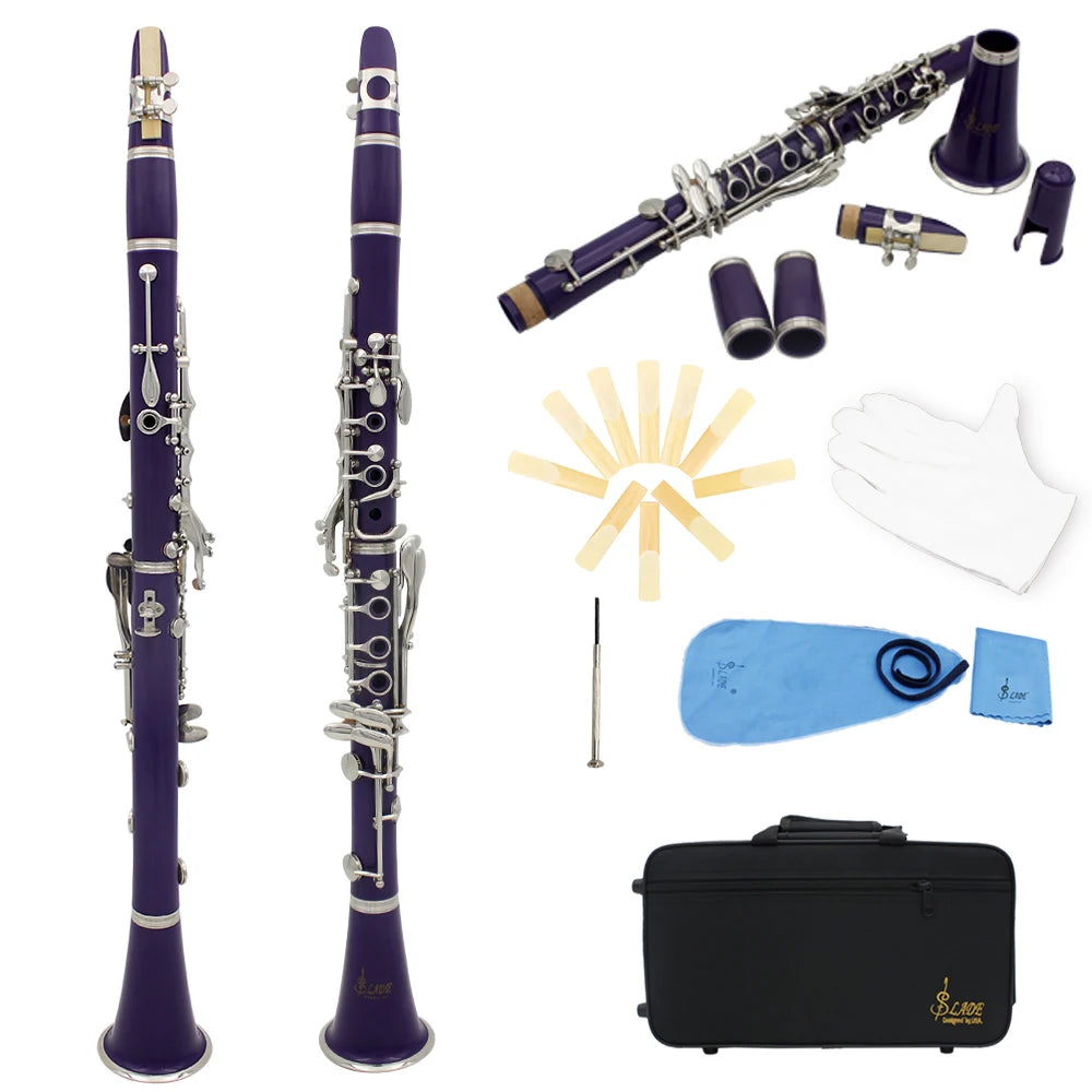 Clarinete SLADE Bb 17 Teclas – Corpo em Baquelite, Instrumento Profissional de Sopro com Estojo e Palheta