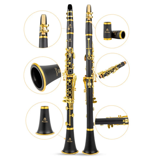 Clarinete Rowtter RCL-700NQ Bb 17 Chaves – Laca Dourada, Corpo Preto, Instrumento Profissional para Estudo e Performance
