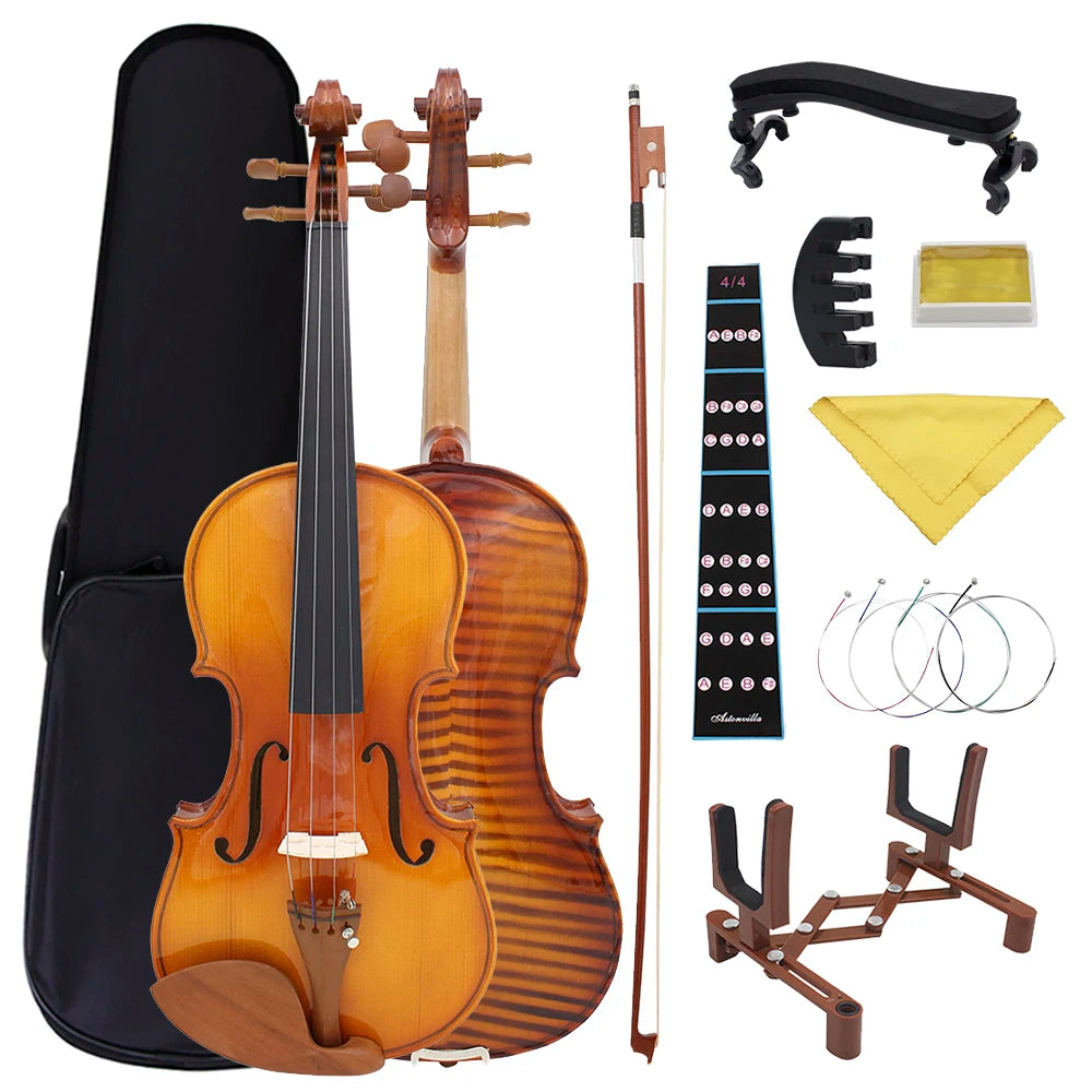 Violino 4/4, 3/4 e 1/2 Full Size rajados, Acústico Brilhante – Com Estojo e Arco