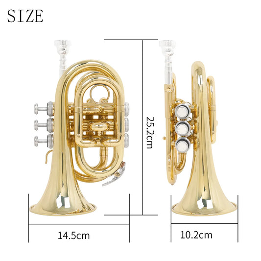 Trompete de Bolso Bb Shuffle SHF512 Latão Mini Cornet com Estojo, Luva e Bocal