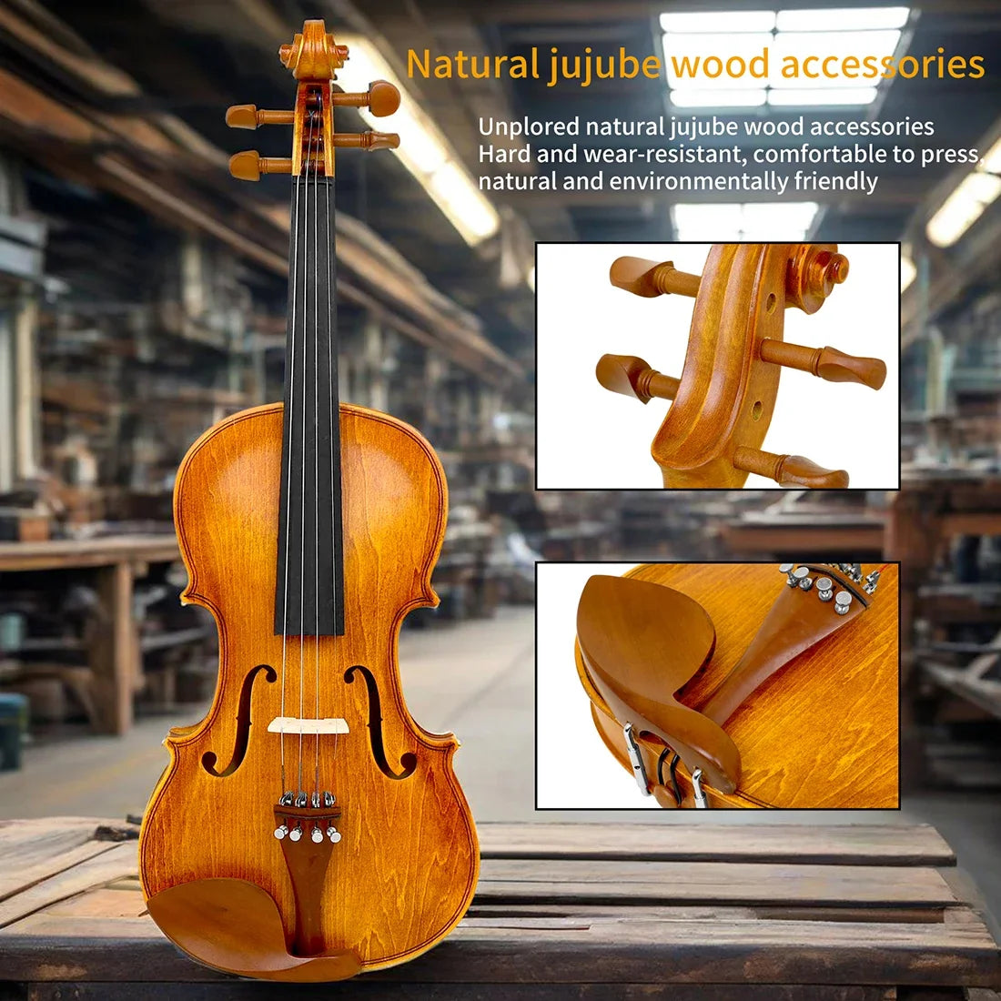 Violino 4/4 Astonvilla Cor Natural – Conjunto em Madeira Maciça com Estojo, Arco e Cordas para Iniciantes