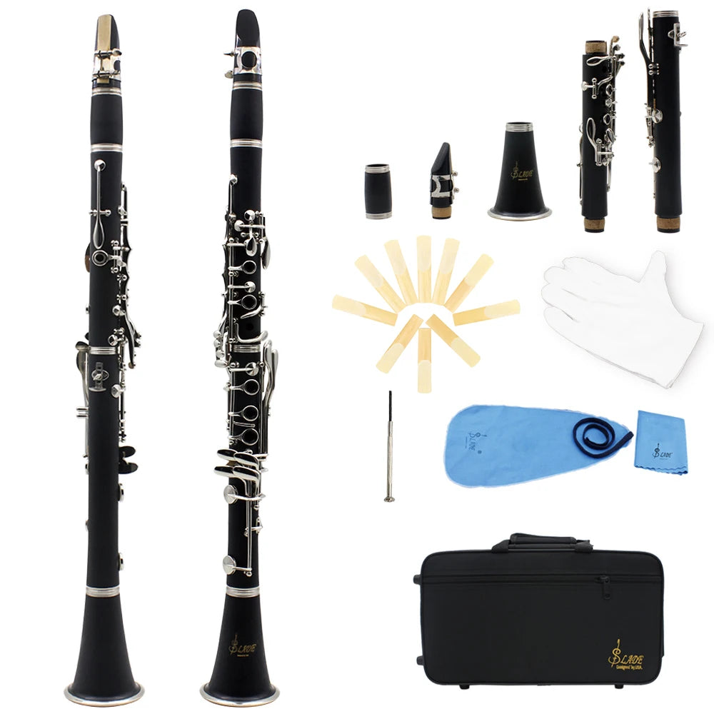 Clarinete SLADE Bb 17 Teclas – Corpo em Baquelite, Instrumento Profissional de Sopro com Estojo e Palheta