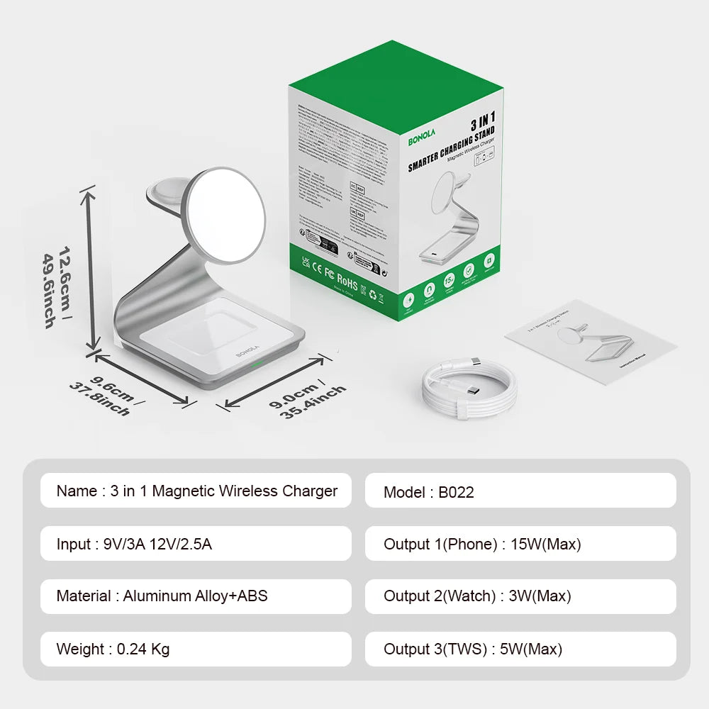 ⚡ Bonola Carregador Magnético 3 em 1 com 30W – Estação Sem Fio para iPhone, Apple Watch e AirPods Pro