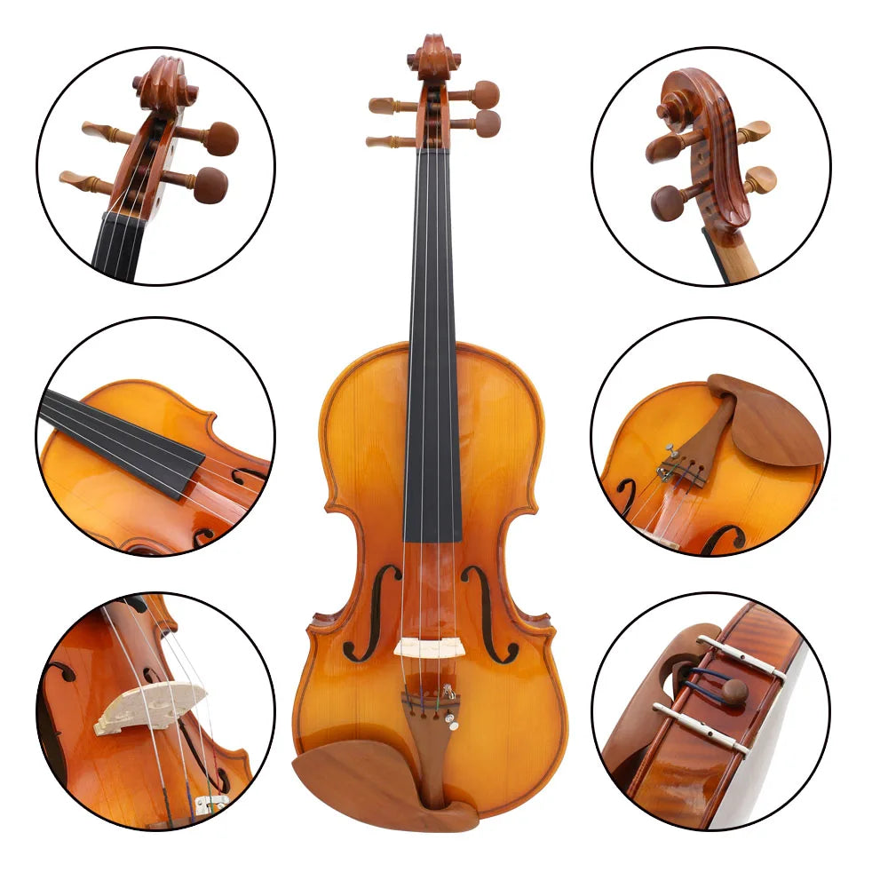 Violino 4/4, 3/4 e 1/2 Full Size rajados, Acústico Brilhante – Com Estojo e Arco