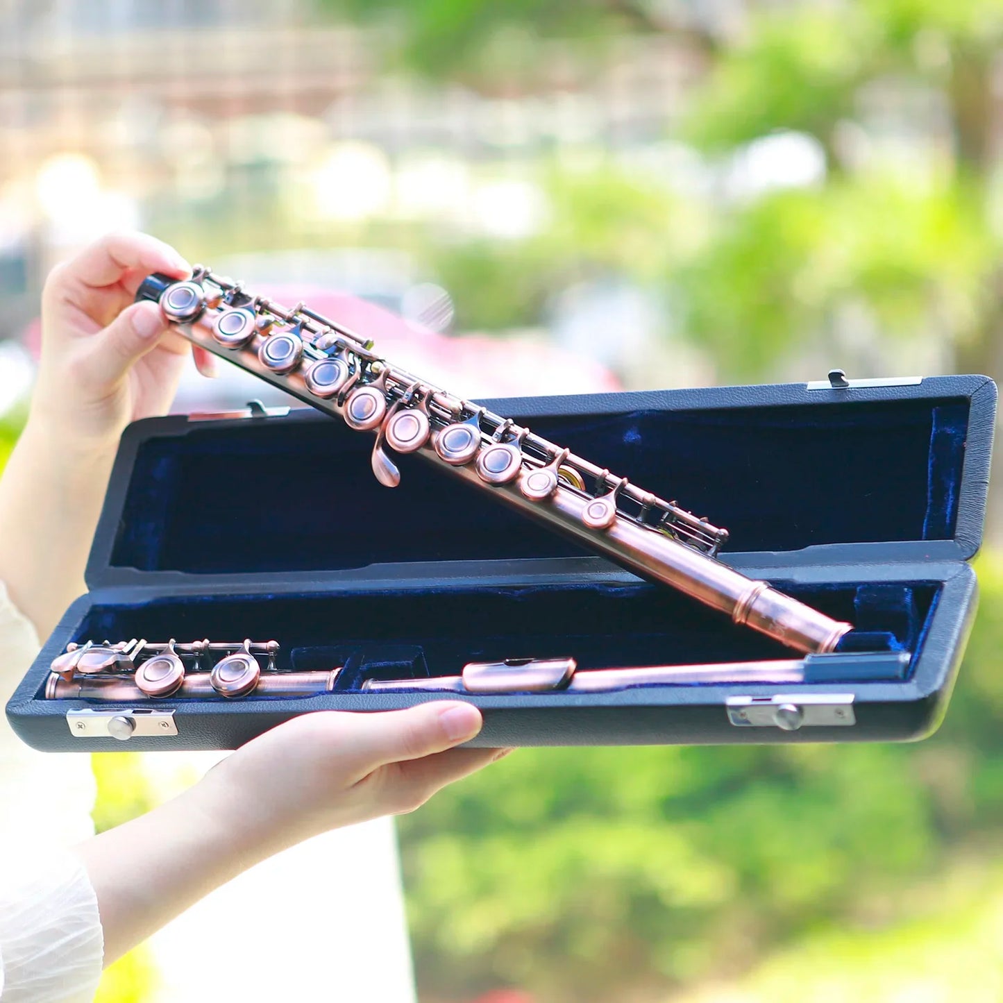 Flauta Transversal SLADE 16 Furos C Chaves Fechadas Acabamento Cobre Envelhecido Profissional