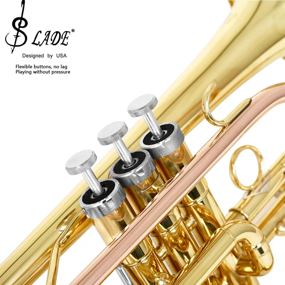 Corneta Bb Profissional SLADE Latão Dourado com Bocal e Estojo, Tubo de Chumbo em Cobre Fosforoso