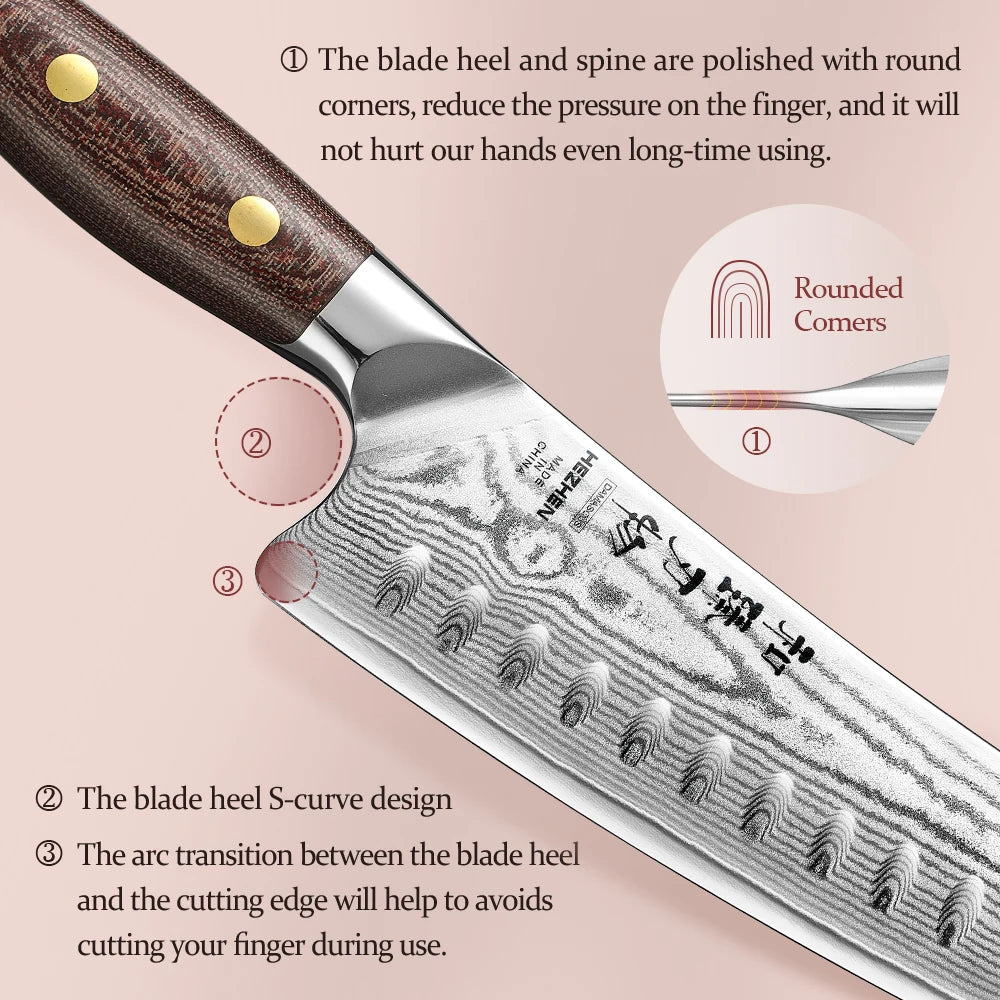 Conjunto de Facas HEZHEN 3 Peças – Faca Chef Santoku 8,2'' em Aço Damasco com Cabo Micarta, Faca Utilitária de Cozinha, Kit Premium com Caixa para Presente