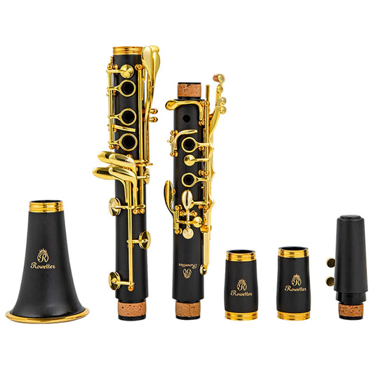 Clarinete Rowtter RCL-700NQ Bb 17 Chaves – Laca Dourada, Corpo Preto, Instrumento Profissional para Estudo e Performance