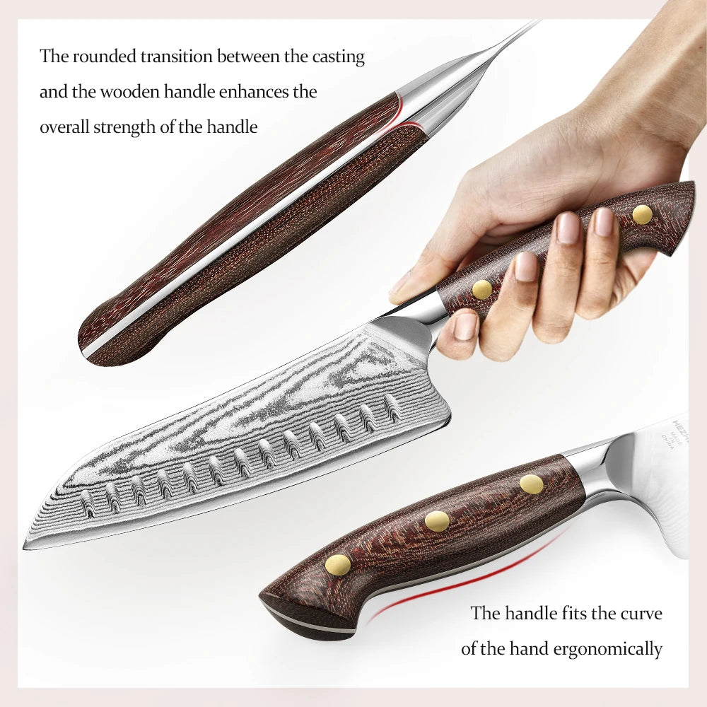 Conjunto de Facas HEZHEN 3 Peças – Faca Chef Santoku 8,2'' em Aço Damasco com Cabo Micarta, Faca Utilitária de Cozinha, Kit Premium com Caixa para Presente