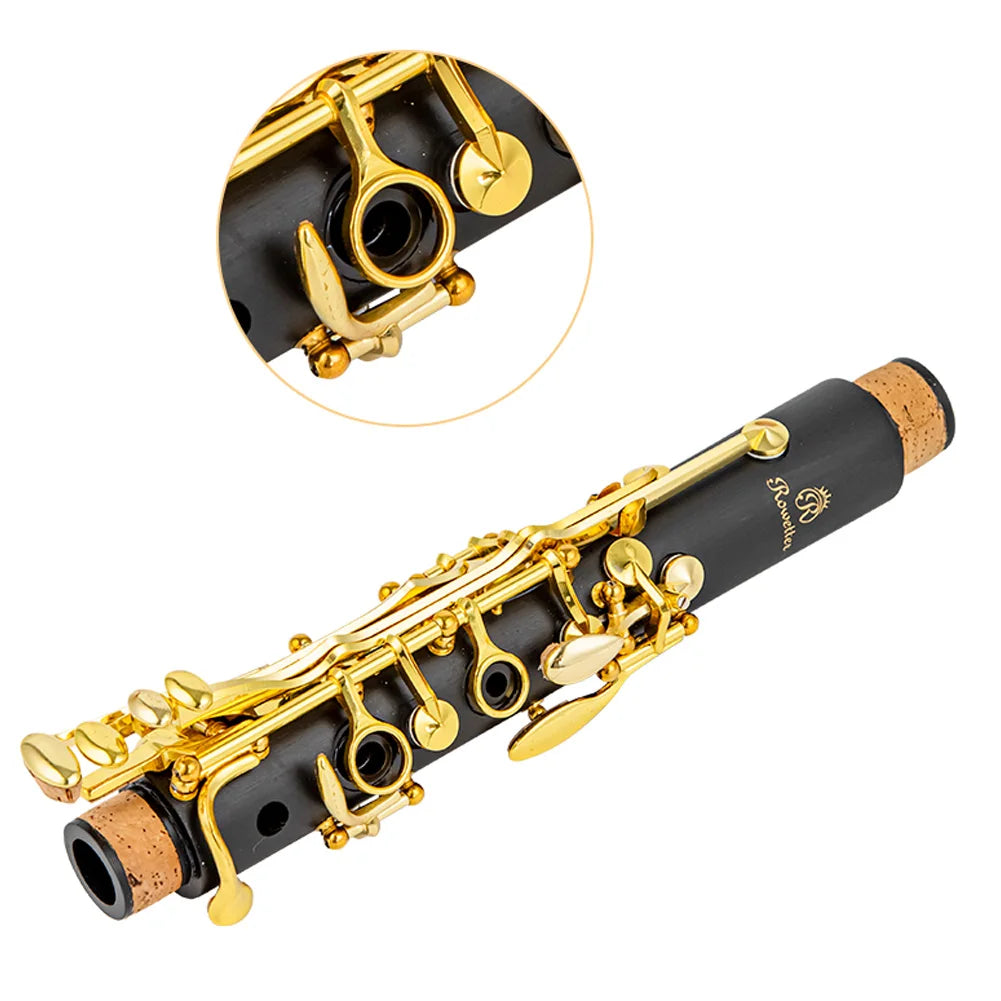Clarinete Rowtter RCL-700NQ Bb 17 Chaves – Laca Dourada, Corpo Preto, Instrumento Profissional para Estudo e Performance