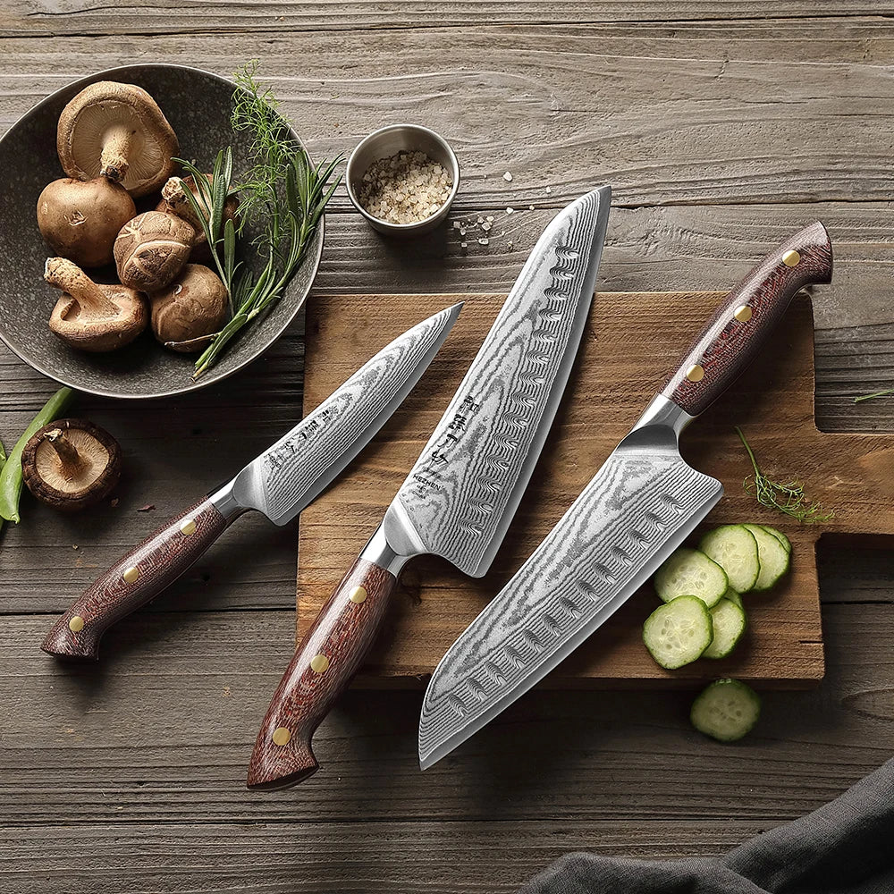 Conjunto de Facas HEZHEN 3 Peças – Faca Chef Santoku 8,2'' em Aço Damasco com Cabo Micarta, Faca Utilitária de Cozinha, Kit Premium com Caixa para Presente