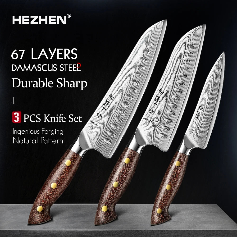Conjunto de Facas HEZHEN 3 Peças – Faca Chef Santoku 8,2'' em Aço Damasco com Cabo Micarta, Faca Utilitária de Cozinha, Kit Premium com Caixa para Presente