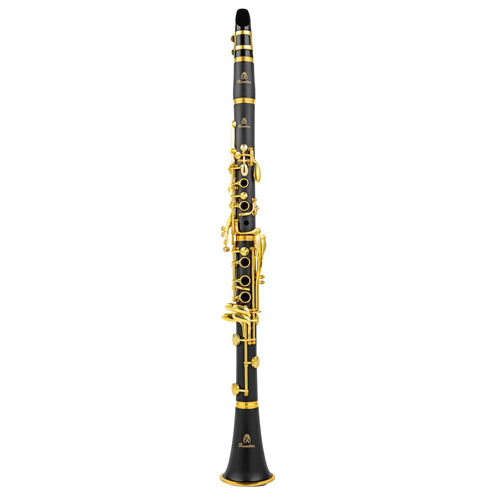 Clarinete Rowtter RCL-700NQ Bb 17 Chaves – Laca Dourada, Corpo Preto, Instrumento Profissional para Estudo e Performance