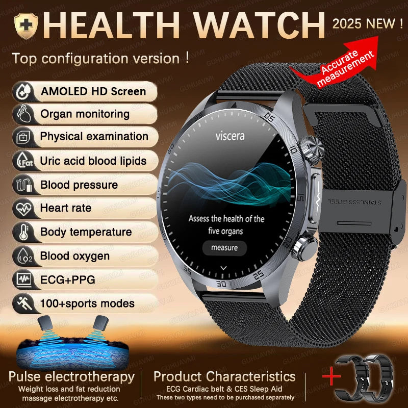 Smartwatch 2025 – Monitor de Saúde com ECG, PPG, Monitor de Gordura Corporal, Ácido Úrico, IMC, Para Homens e Mulheres - Expresso Nippon