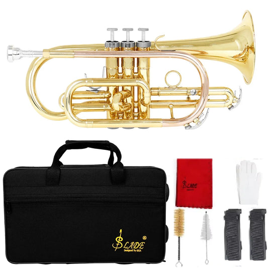 Corneta Bb Profissional SLADE Latão Dourado com Bocal e Estojo, Tubo de Chumbo em Cobre Fosforoso