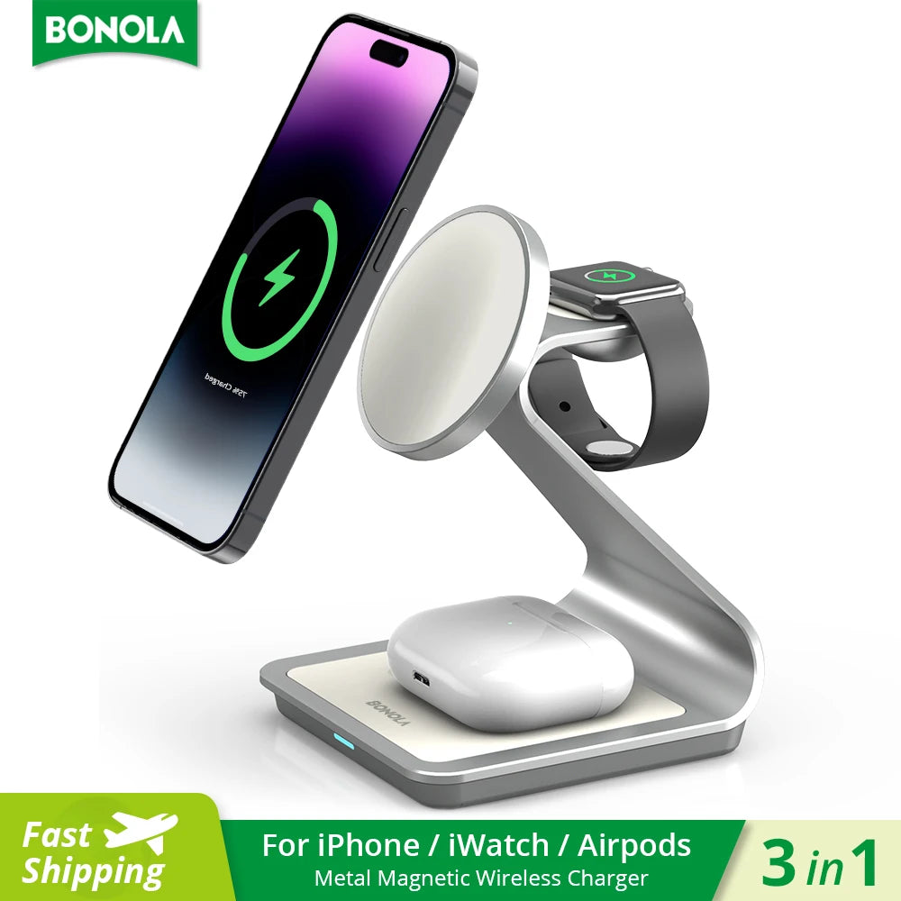 ⚡ Bonola Carregador Magnético 3 em 1 com 30W – Estação Sem Fio para iPhone, Apple Watch e AirPods Pro