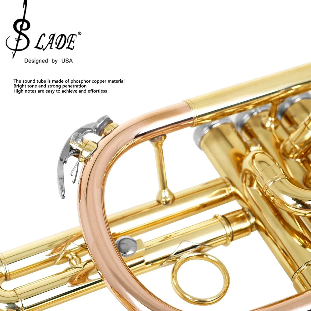 Corneta Bb Profissional SLADE Latão Dourado com Bocal e Estojo, Tubo de Chumbo em Cobre Fosforoso