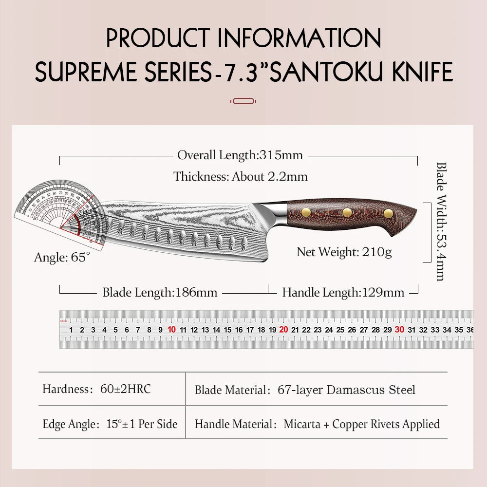 Conjunto de Facas HEZHEN 3 Peças – Faca Chef Santoku 8,2'' em Aço Damasco com Cabo Micarta, Faca Utilitária de Cozinha, Kit Premium com Caixa para Presente
