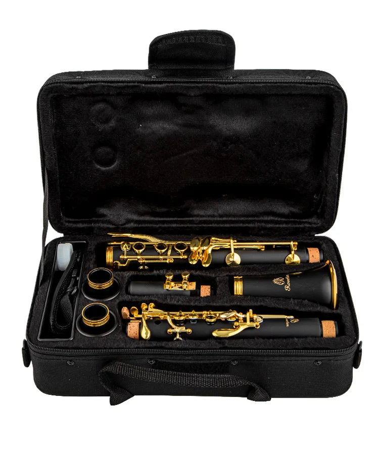 Clarinete Rowtter RCL-700NQ Bb 17 Chaves – Laca Dourada, Corpo Preto, Instrumento Profissional para Estudo e Performance
