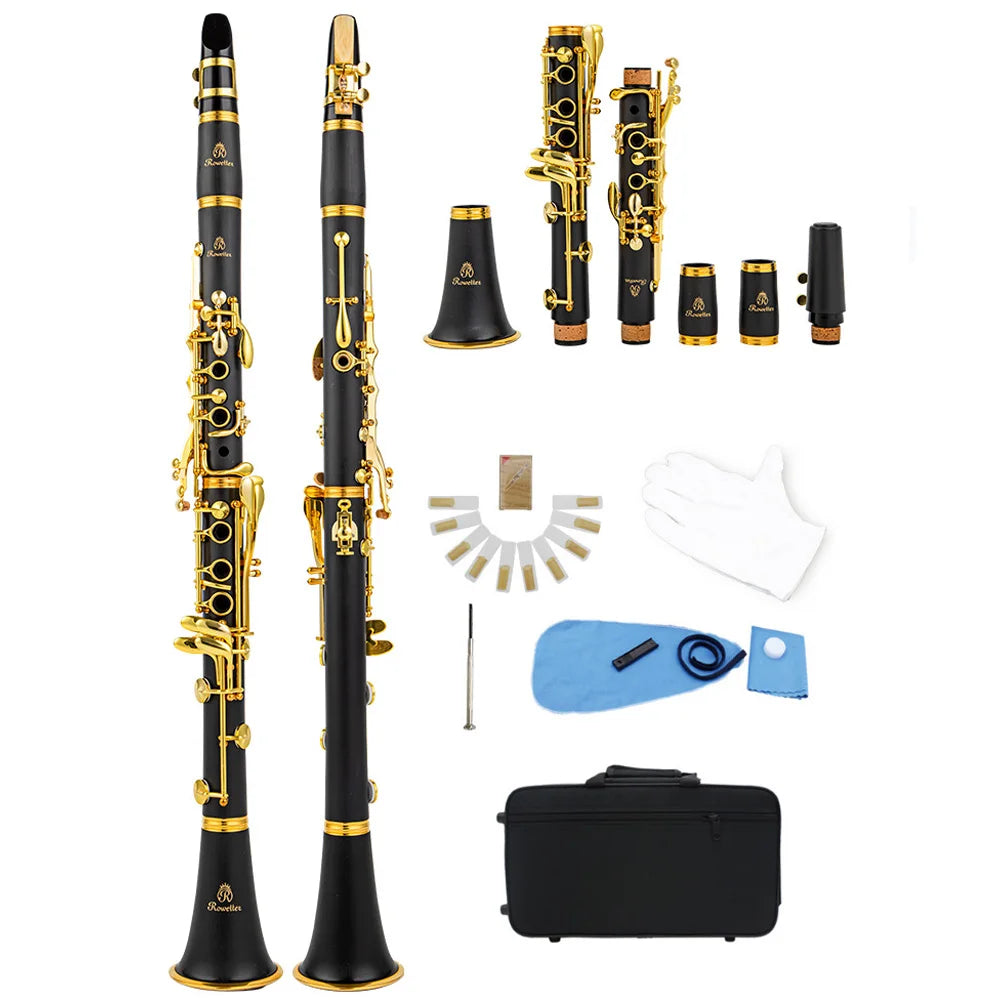 Clarinete Rowtter RCL-700NQ Bb 17 Chaves – Laca Dourada, Corpo Preto, Instrumento Profissional para Estudo e Performance